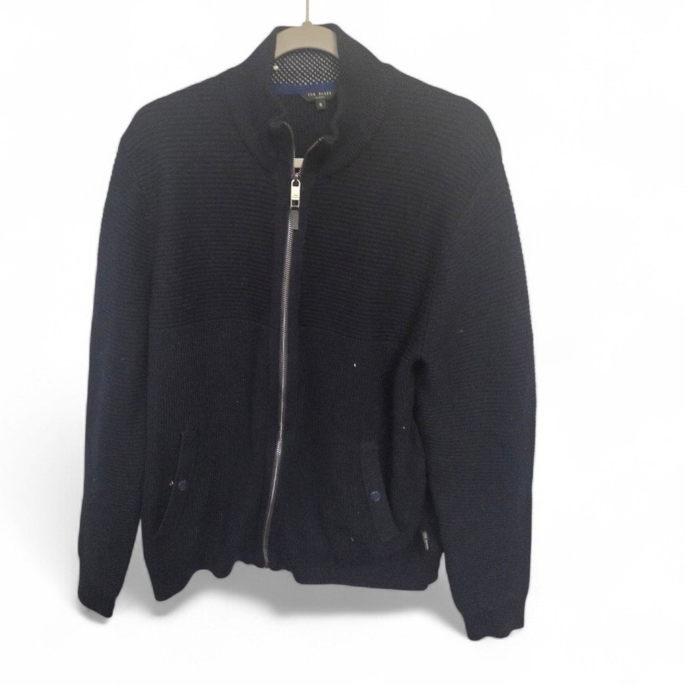 Ted Baker London Mens Navy‎ Blue Textured Full Zip Cardigan Sweater Size 6 XXL
